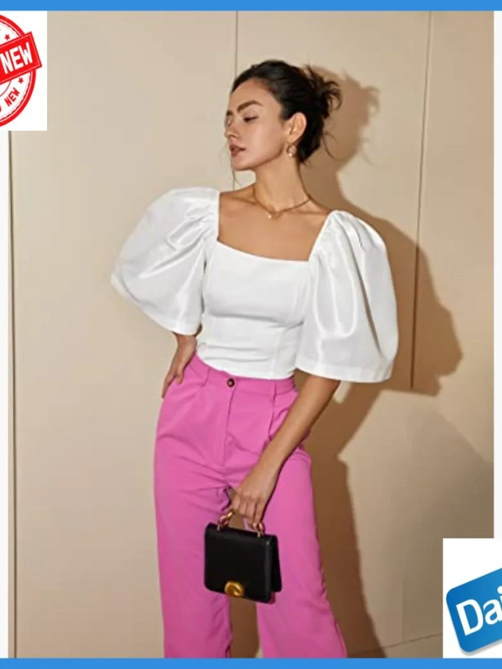 White Square Neck Puff Sleeve Crop Top Blouse Slim Fit Polyester